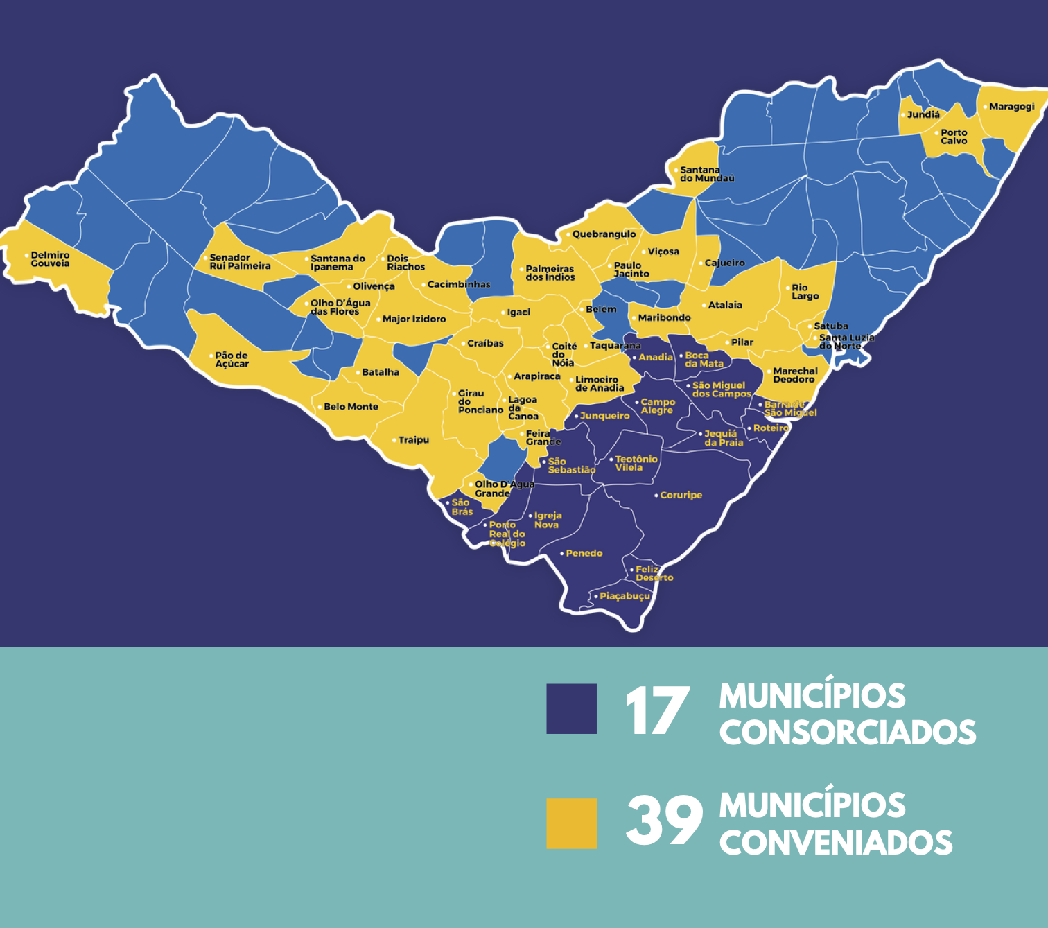 Mapa do Sul de Alagoas com os municípios consorciados ao CONISUL